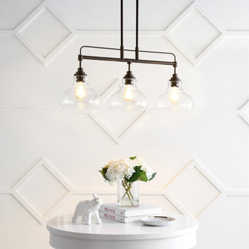 Marlowe 32.5" Farmhouse Industrial Iron/Glass Linear LED Pendant - JONATHAN Y